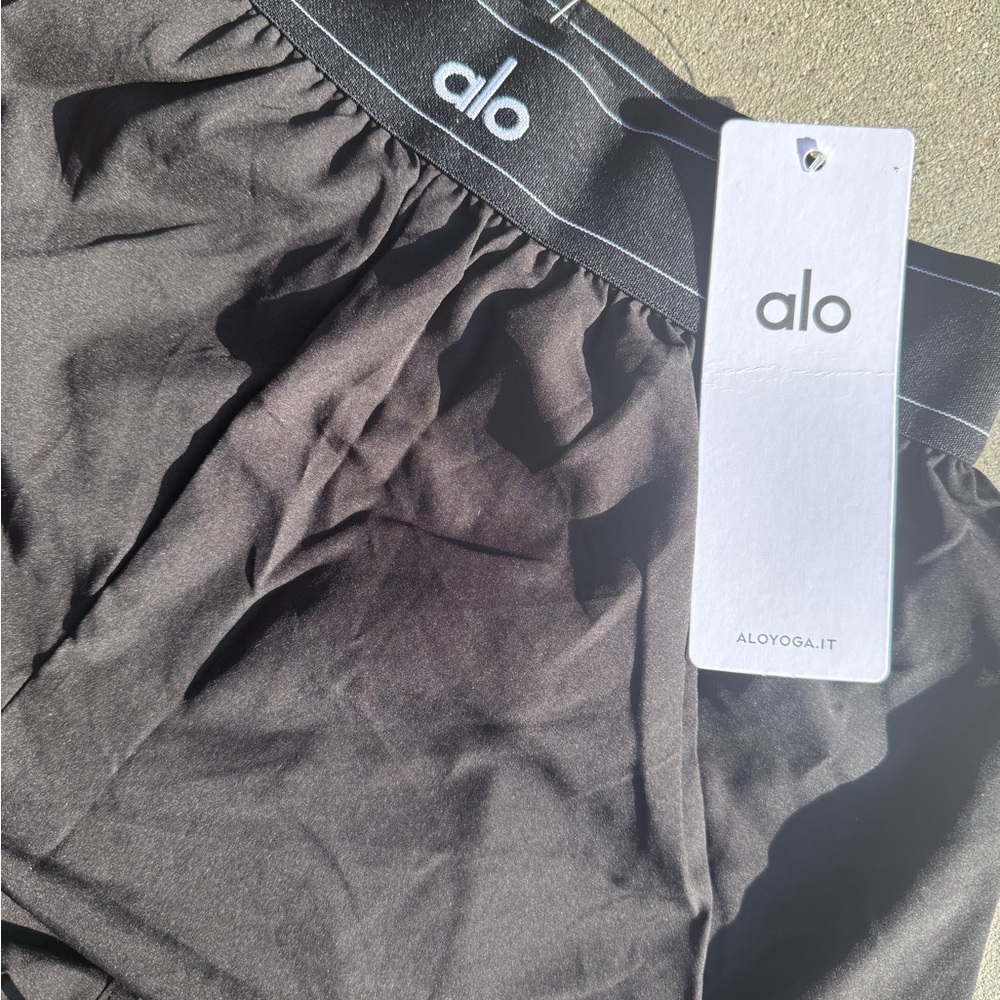 Alo Black Athletic Shorts with Logo Waistband - Picture 2 of 3